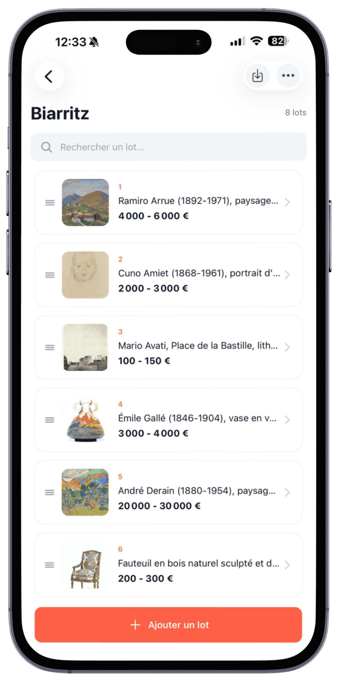 Application mobile Start — liste de lots